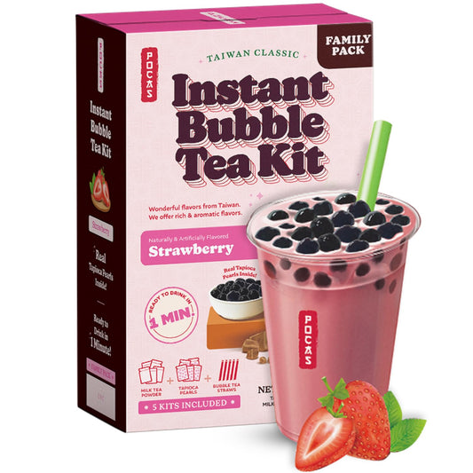 Pocas Bubble Tea Kit, Strawberry – Instant Milk Tea Powder with Authentic Tapioca Pearls for Instant Bubble Tea