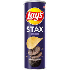canister of Lay's Stax Black Truffle flavored potato chips.