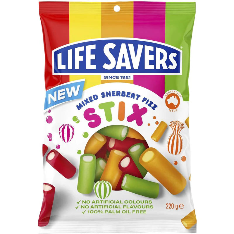 Lifesavers Mixed Sherbert Fizz Stix 200g-Australia